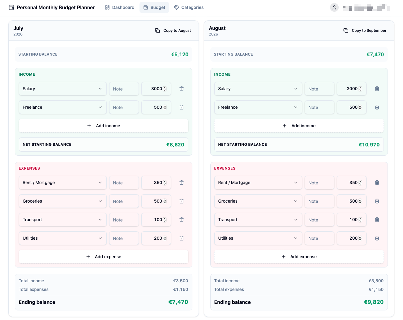 MonthLi budget page showing monthly income and expense entries side by side